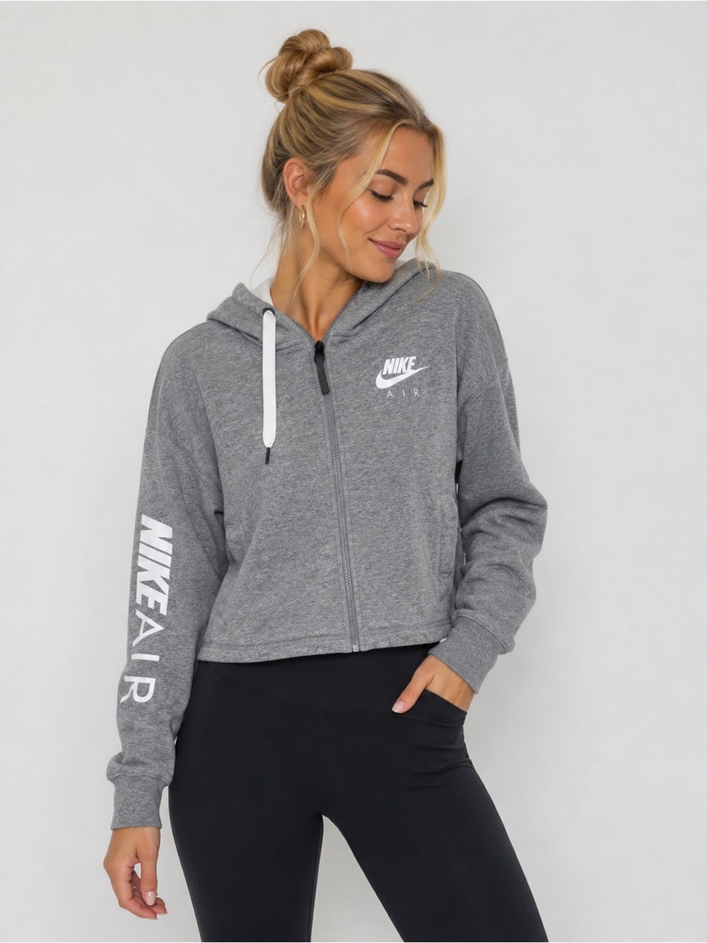 Nike Air Women’s Full Zip Hoodie Gray Cropped Swoosh Logo Sweatshirt